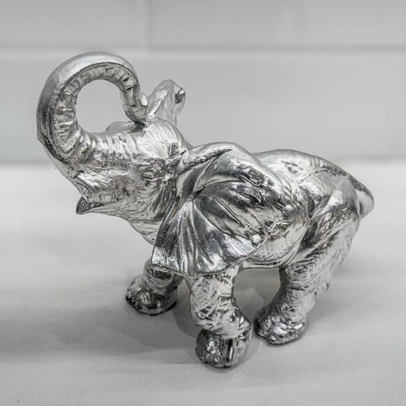 Good Luck Elephant Figurine, Trunk Upward, Silver- Painted Resin, 6.25” Tall - Picture 7 of 9